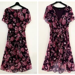 R&M Richards Pink Floral Wrap-Style Midi Dress on Purple